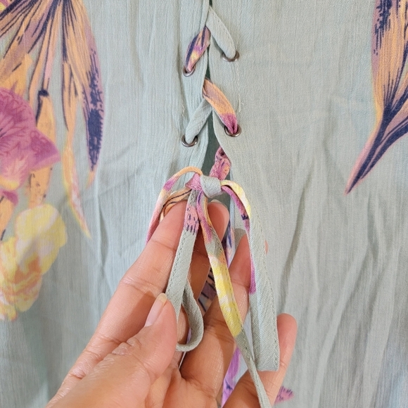 NEW KORI Blue Floral Kimono Top Sz L Back Lace-Up Open Front Beachy Cottagecore - Picture 8 of 12